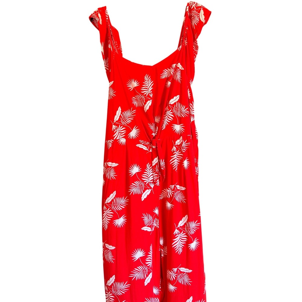 St Johns Bay Womens XL Red Tropical Palm Leaf Ruffle Tie Front Jumpsuit Rayon - Picture 4 of 16